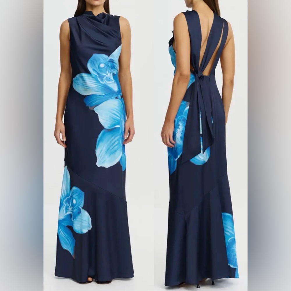 Navy Blue Floral Maxi Dress with Open Back
